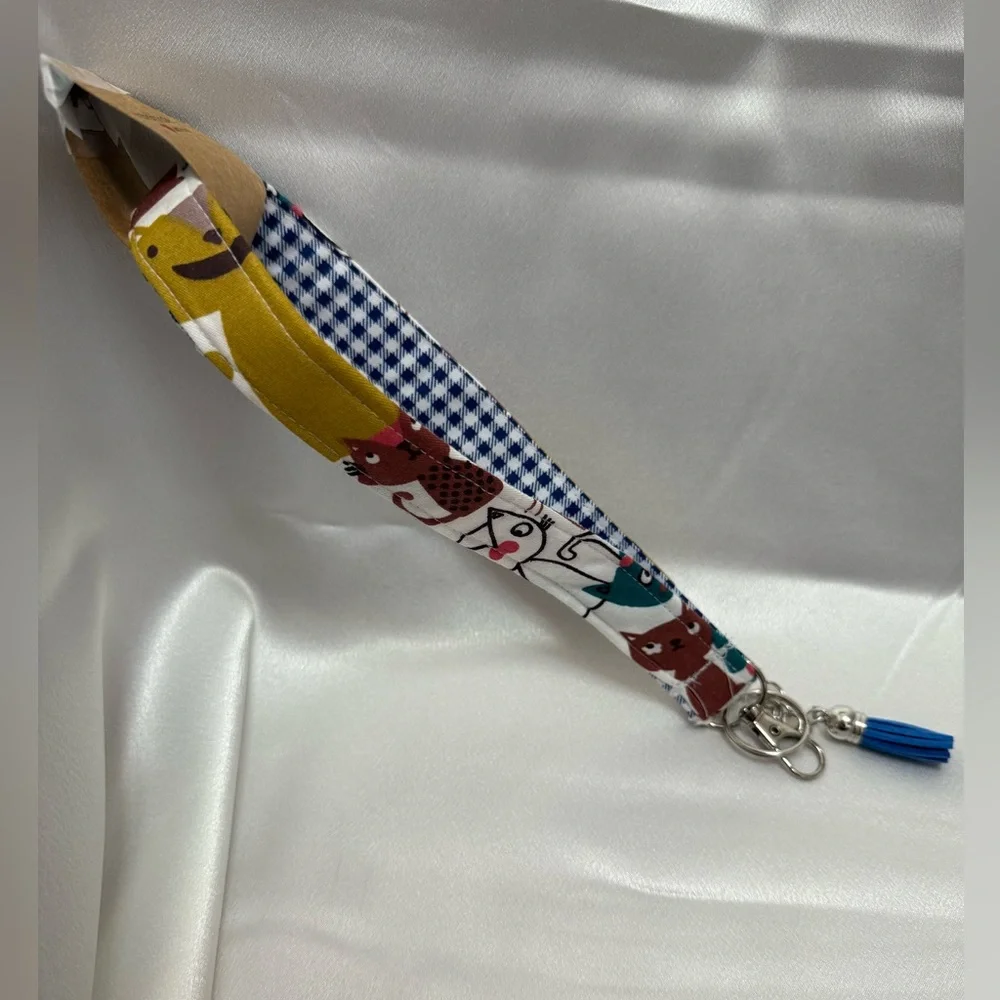 Handmade Plaid Cats Wristlet Keychain with Navy Blue Tassel